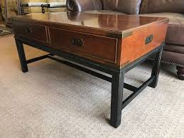 Hekman living room glass top coffee table 17101 at thomasville of arizona the hekman living room glass top coffee table is available to order in arizona at all 4 of our locations in scottsdale, glendale, tempe and tucson from thomasville of arizona. Thomasville Wood And Brass Campaign Style Coffee Table With Drawers And Inlaid Wooden Top