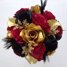 Wedding bouquets with red and yellow calla lilly. Wedding Bouquet Feathers Red Black Roses Gold Calla Lily Crystals Blings Accent Silk Flowers Red Bouquet Wedding Black Bouquet Red Gold Wedding