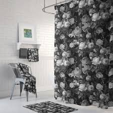Black And White Floral Shower Curtain Black And White Floral Shower Curtain Set Deep Dark Floral Cabbage Roses Elegant Bathroom Floral Shower Curtains Shower Curtain Sets Bath Mat Design