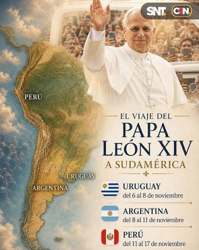 🕊️⛪El papa León XIV realizará su primera gira por Sudamérica entre la fecha del 6 al 17 de noviembre de 2026. Los países oficiales a ser visitados serán, Uruguay, Argentina y Perú