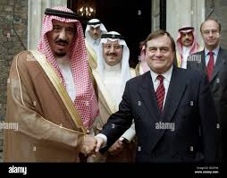 Prince Salman Bin Abdul Aziz Al-Saud of the Kingdom of Saudi Arabia and  Governor of Riyadh, (L), is greeted by Britain's Deputy Prime Minister John  Prescott, (R), upon arrival at Admiralty House