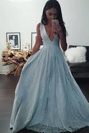 A Line Sleeveless Deep V Neck Long Prom Dresses Light Blue Formal Dress With Lace N86 Prom Dresses Long Blue Light Blue Prom Dress Prom Dresses Lace