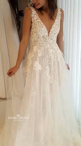 Beautiful Romantic Blush Sparkly Lace Wedding Dress With Deep V Neckline And Tulle Skirt Pasha New Wedding Dress Indian Wedding Dresses Wedding Dresses Lace