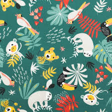 Coton Vert Motif Animaux De La Jungle Et Feuille Tropicale Papaya Coton imprimé sur le thème de la savane. coton vert motif animaux de la jungle et feuille tropicale papaya