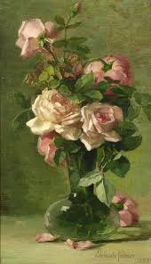By Adelaide Palmer 1897 Pink Green Antique Roses In A Vase Rose Art Rose Painting Flower Painting
