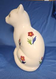 Vtg Ceramic White Kitty Cat Art Elpa Alcobaca Portuguese Hand Painted  Flowers