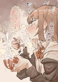 president r18, sasaki saku, nijisanji, commentary request, highres, 1girl,  ^^^, blush, bow, bowl, bowtie, chopsticks, cum, cum in container, cum in  cup, cum on food, eating, from side, full-face blush, gokkun, holding,