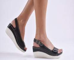 Дамски сандали на платформа естествена кожа черни TGCG-23825 - Сандали и  чехли на платформа