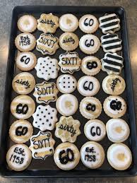 60th Birthday Party Decorations For Her 60th Birthday Cookies Blackandgold Sugarcookies Sixtiethbirthday 60th Birthday Centerpieces 60th Birthday Cakes 60th Birthday Favors