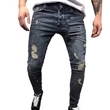 Iyyvv Mens Autumn Denim Cotton Straight Ripped Hole Trousers Distressed Jeans Pants