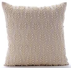 16 X16 Decorative Beige Couch Throw Cotton Linen Cushion Cover Pearl Beaded Pillow Cover Nature Floral Contemporary Pearl Essence Beaded Pillow Decorative Pillow Covers Linen Pillow Covers