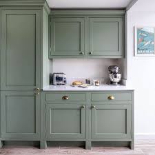 Modern Farmhouse Kitchen With Green Kitchen Cabinets And Marble Counters Neutral Rust In 2020 Kitchen Cupboard Colours Farrow And Ball Kitchen Green Kitchen Cupboards