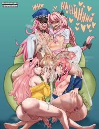 blazinahegao, astolfo (fate), poison (final fight), fate grand order, fate  (series), final fight, white legwear, absurdres, highres, 1girl, 3boys,  after anal, aftersex, anus, ass, ass grab, bottomless, breasts, clothed  sex, clothes, crossdressing, cum,