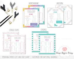 price list and size chart herringbone unicorn stripes