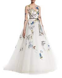 Monique Lhuillier Floral Embroidered Long Sleeve Illusion A Line Evening Gown Embroidered Wedding Dress Evening Gowns Wedding Dresses Unique