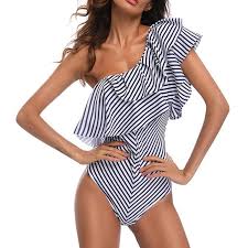 Black And White Striped One Piece Bathing Suit Black White Stripe Ruffle One Piece Swimwear Aqilabuy Striped Swimwear One Piece One Piece Swimwear