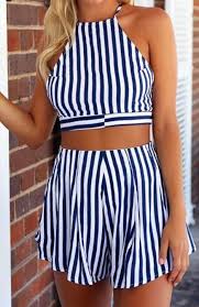 Hot Cute Two Piece Stripe Romper Crop Top And Shorts Fashion Two Piece Outfit
