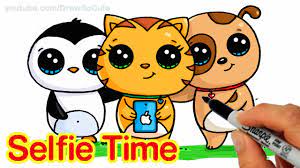 Selfie Time Easy How To Draw Penguin Cat And Dog Friends Taking A Group Selfie Cute Kawaii Drawings Cute Drawings Cute Animal Drawings