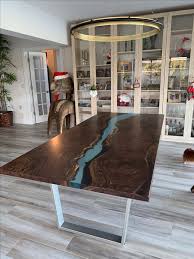 Table with 1 cm thick river blue transparent glass. Hand Crafted Live Edge River Table Epoxy Resin Dining Table By Fjelsted Nord Custommade Com