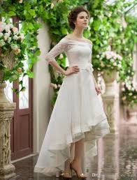 Discount Vintage Style High Low Wedding Dresses Off Shoulder Half Sleeve Flower Bel Wedding Dresses High Low Short Bridal Gown Tea Length Wedding Dress Vintage
