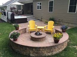 Deck With Hot Tub Paver Patio Fire Pit And Sitting Wall Sloped Backyard Small Backyard Patio Hot Tub Patio