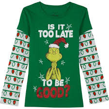 Amazonsmile Dr Seuss The Grinch Is It Too Late To Be Good Girls Long Sleeve Shirt X Large Clo Funny Christmas Shirts Girl Long Sleeve Shirt Grinch T Shirt