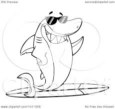 Thousands of coloring pages and printable pages of cartoon characters. Clipart Of A Cartoon Black And White Lineart Happy Shark Mascot Character Waving Wearing Sunglasses And Surfing Royalty Free Vector Illustration By Hit Toon 1411246