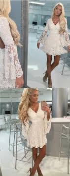 A Line Ivory V Neck Lace Homecoming Dress With Bell Sleeves Hd3179 White Short Dress Formal Dresses With Sleeves Lace White Dress