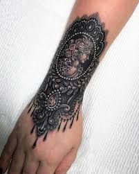 Black ink gothic three skull with roses tattoo design. 1337tattoos Tattoos Gothic Tattoo Lace Tattoo