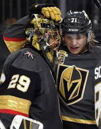 Las Vegas Nv March 31 Marc Andre Fleury 29 And William Karlsson 71 Of The Vegas Golden Knights Vegas Golden Knights Golden Knights Golden Knights Hockey