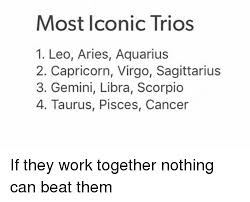If most aggressive cancers rely on the fermentation of sugar for growing past studies, however, offer some hope. Most Iconic Trios 1 Leo Aries Aquarius 2 Capricorn Virgo Sagittarius 3 Gemini Libra Scorpio 4 Taurus Pisces Cancer If They Work Together Nothing Can Beat Them Work Meme On Me Me