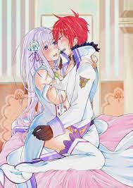 1boy 1girls after kiss blush breasts couple sex duo focus elf  emilia (re:zero) french kiss half-dressed kissing on bed re:zero kara  hajimeru isekai seikatsu red hair reinhard van astrea