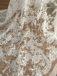 French Alencon Lace Fabric In Ivory With Leaf Pattern Wedding Gown Bridal Dress Fabric Scalloped Bridal Dress Fabric Lace Bedding Set Lace Fabric
