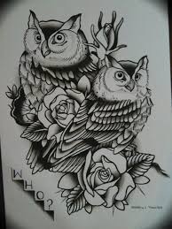 Black And White Owl And Rose Tattoo Designs Romantic Owl Couple With Roses Tattoo Design Owl Tattoo Design Tattoo Design Drawings Owl Tattoo