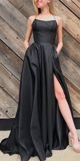 2018 Black Long Prom Dress With Side Slits Simple Prom Dress With Pockets Party Dress Pr Black Ball Dresses Simple Black Prom Dress Black Long Dress Elegant