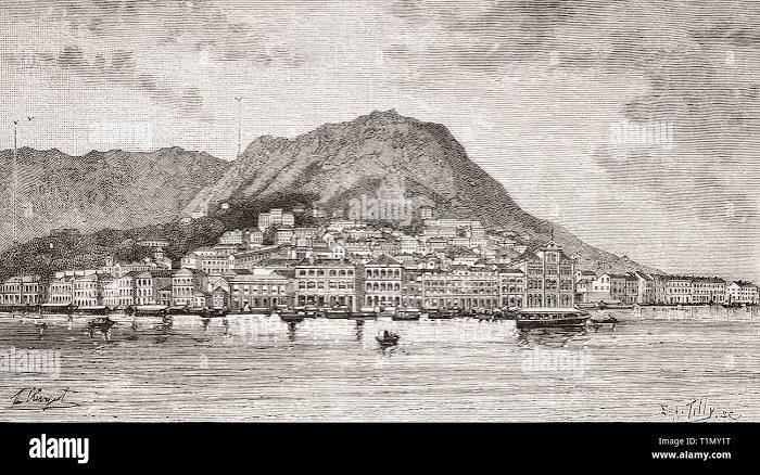 A view of Hong Kong in the 19th century showing the two new stations for the Peak Tram funicular railway. From Ilustracion Artistica, published 1887 Stock Photo - Alamy