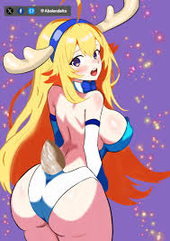 abalondelta, koshi torako, shikanoko nokonoko koshitantan, absurdres,  highres, :o, antlers, ass, backless outfit, blonde hair, bow, bowtie,  breasts, deer antlers, deer tail, fake antlers, horns, playboy bunny  swimsuit, purple background, sideboob ...