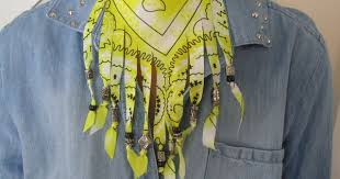 Black And Yellow Bandana Jacket Upcycled Yellow Bandana Fringe Necklace With Beads Silver Black Plastic Beads Handmade From Poly Scarf Fun Western Cowgirl Look Cowgirl Look Fringe Necklace Plastic Beads