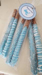 Blue And White Pretzel Rods For A Baby Shower That Was Nautical Themed Baby Boy Shower Favors Baby Shower Treats Baby Shower Diy