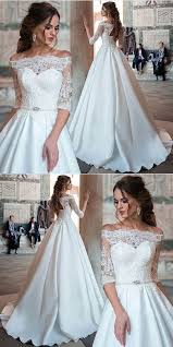 Elegant Ball Gown Half Sleeve White Lace Satin Off Shoulder Wedding Dress Off Shoulder Wedding Dress Lace Wedding Dress With Sleeves Half Sleeve Wedding Dress