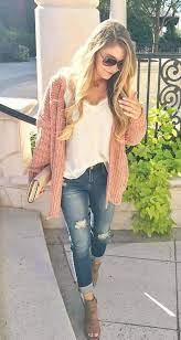 Fall Outfits Women S Brown Cardigan And White Tank Top With Distressed Blue Jeans Casual Winter Outfits Fashion Fall Outfits