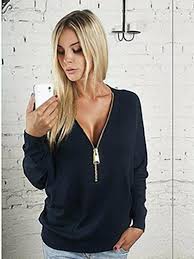 Wir denken, dass du es liebst. Schwarzer Chiffon Reissverschluss Langarm Sweatshirt Mit Tiefem V Ausschnitt Sweatshirts Oberteile