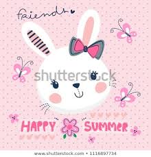 Little Happy Cute Rabbit Girl With Butterflies Flying Around On Polka Dot Background Illustration Vector Illustrasyonlar Desenler Baski