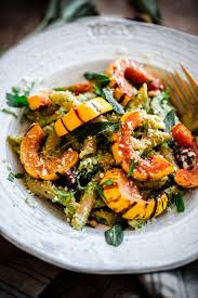 Walnut Sage Pesto Pasta With Roasted Delicata Squash A Beautiful Plate Recipe Pasta With Walnuts Mediterranean Recipes Healthy Meals For Two