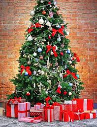 Christmas Tree Full Of Gift Before Red Brick Wall Photography For Holiday Backdrop Wall Christmas Tree Christmas Tree Kit Christmas Backdrops