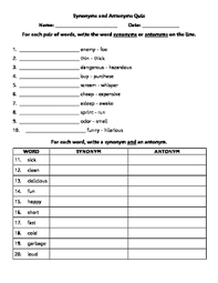 Synonym And Antonym Quiz Synonyms And Antonyms Antonym Synonym