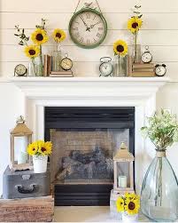 A Cheerful Summer Mantel With Sunflowers Vintage Clocks Vintage Books And Candle Lanterns A Summer Mantle Decor Fireplace Mantle Decor Fireplace Decor Summer