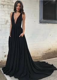 A Line Deep V Neck Black Satin Floor Length Prom Dresses With Pockets Pd094 From Veryprom Backless Prom Dresses Prom Dresses Sleeveless Prom Dress With Train