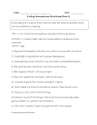 Circling Homophone Worksheet Part 1 Homophones Worksheets Homophones Conjunctions Worksheet