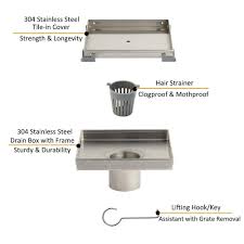 The Parts Of Square Shower Drain Grate Hair Strainer Channel And Hook Stainless Steel Tile Shower Drain Sturdy